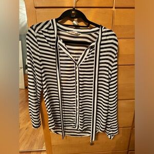 Navy blue and white striped blouse with tie